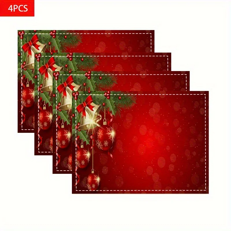 Deep Crimson Border‑decor Table Place‑mats 4Pcs Golden Bell Holly Berry Motif Home Banquet Desktop Layout