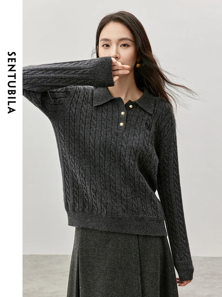 SENTUBILA Letter Embroidery Wool Pullovers for Women 2024 Winter Loose Knitted Polo Neck Long Sleeve Women Clothing W44E57156