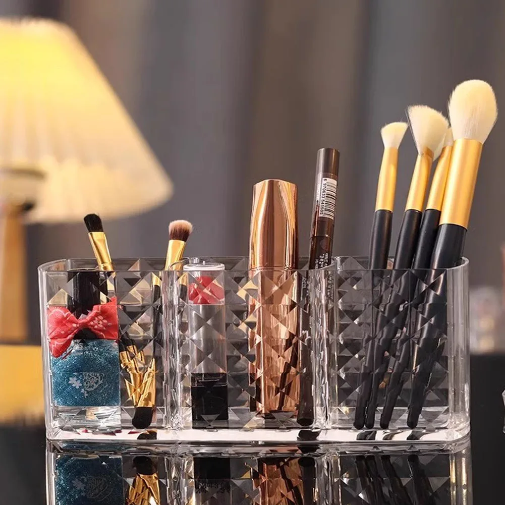 Clear Acrylic Makeup Brush Holder 3 Compartments Cosmetic Organizer Lipstick Eyeliner Pencil Storage Desktop Vanity Organizer