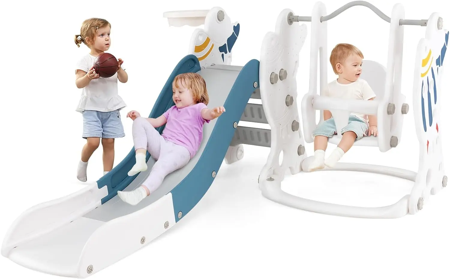 4-in-1-Rutsche und Schaukelset für Kleinkinder, Indoor-Outdoor-Rakettenspielset, Fitnessstudio mit Babyschaukel, Basketballkorb, Ball, Kinder-Kletterspielen