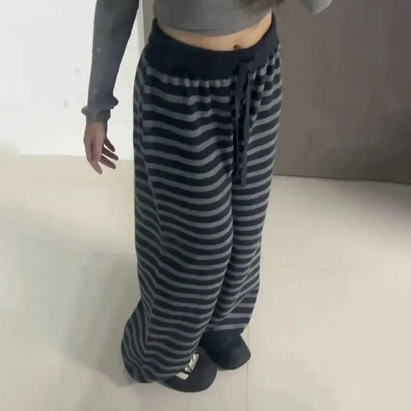 Harajuku Stripe Wide Leg Trousers Vintage Grunge Loose Knitted Casual Pant Y2k Aesthetic Women Straight Pants
