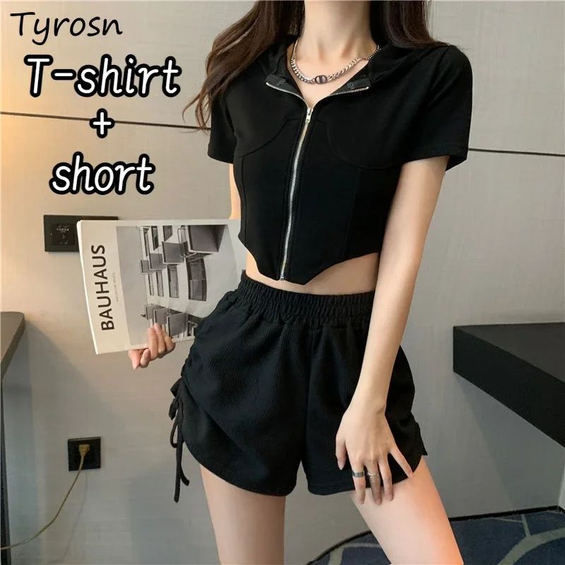 

Shorts Sets Women Asymmetrical T-shirts Solid Design Bandage Casual Korean Style Ladies Daily Simple Streetwear Summer Soft Ins