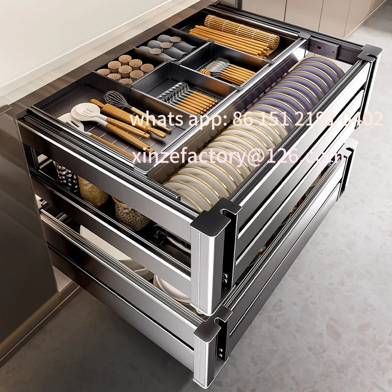 

Customizable Kitchen Pull-Out Cabinet Bowl Basket Double Drawer Type Built-in Triple Bowl Rack