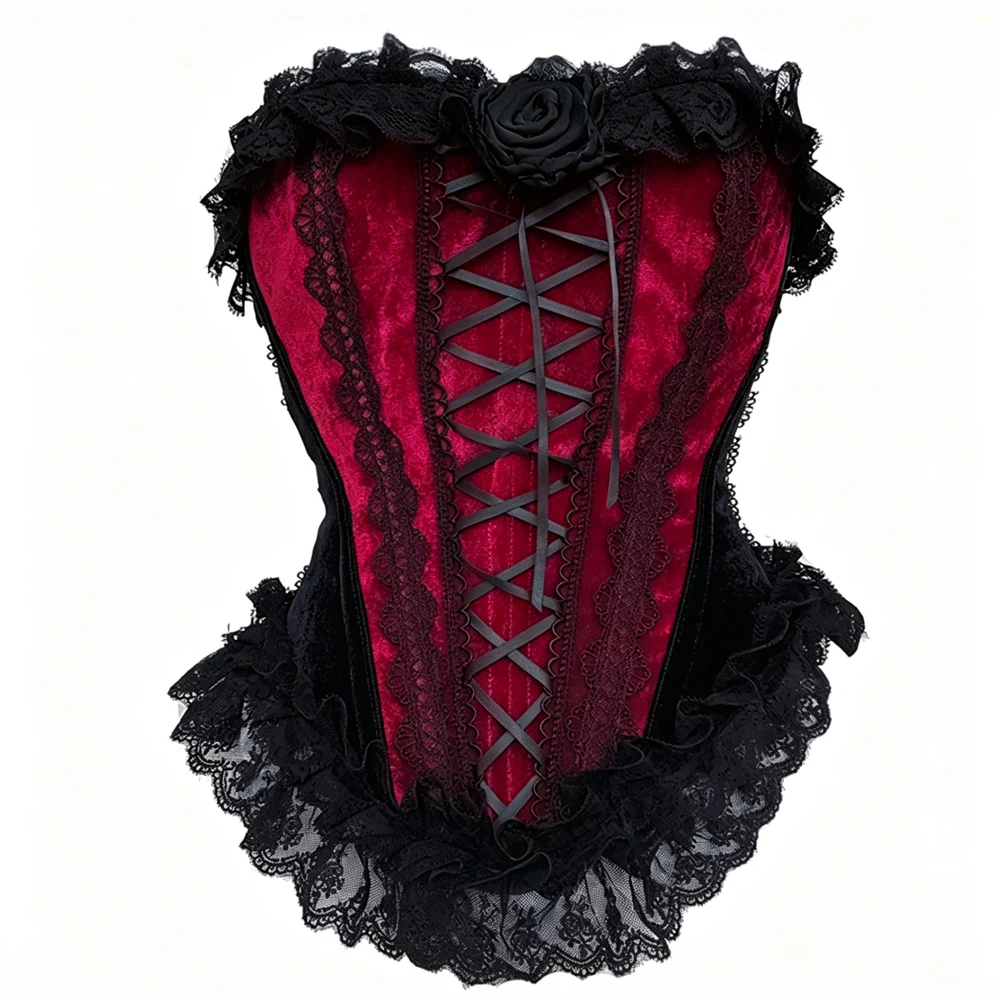 Steel Boned Gothic Corset for Women Burgundy Black Overbust Sexy Lace Up Ribbon Tie Front Bustier Vintage Steampunk Corset