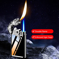 Tiger king inflatable windproof lighter creative straight blue flame and open flame double fire ultra-thin metal men's lighter