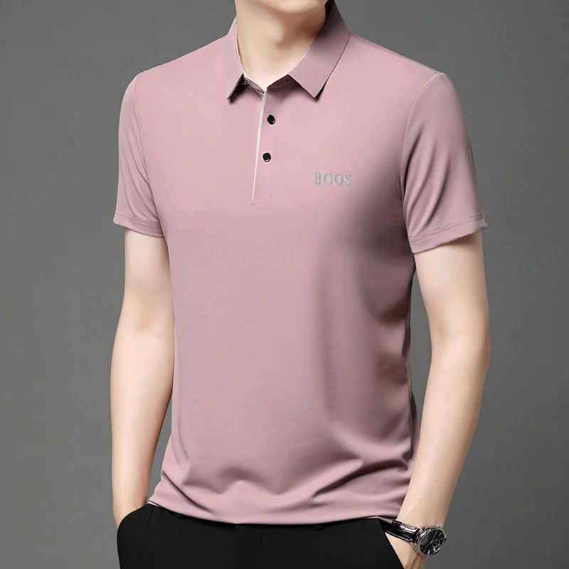 Freizeit-Herren-Kurzarm-Poloshirt mit Revers-Knopfleiste, Einfarbig mit Schriftzug, Bequemes Atmungsaktives Trendiges Herren-T-Shirt – Detail 14