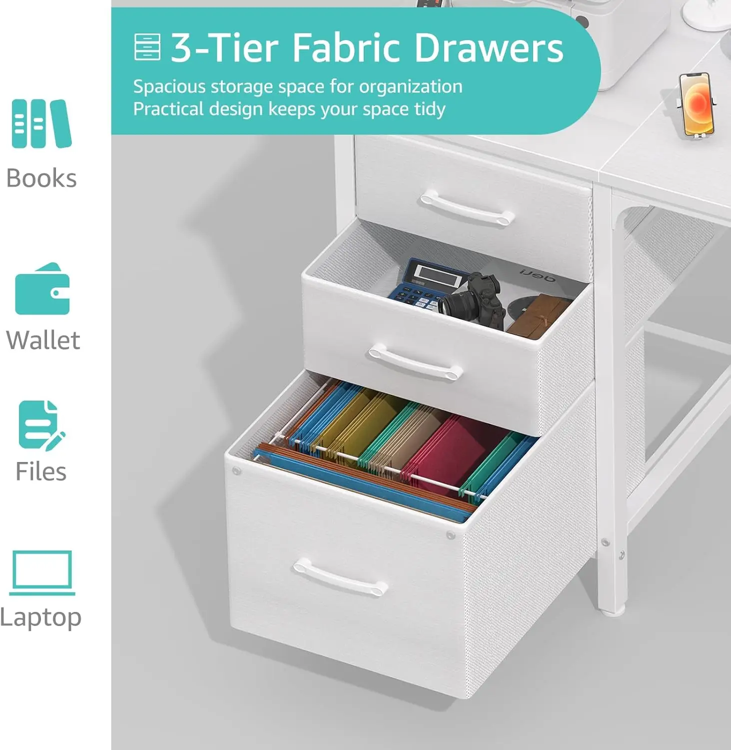 Białe biurko z szufladami na dokumenty z tkaniny, 120 cm odwracalne biurko komputerowe z szafką na dokumenty do małej sypialni