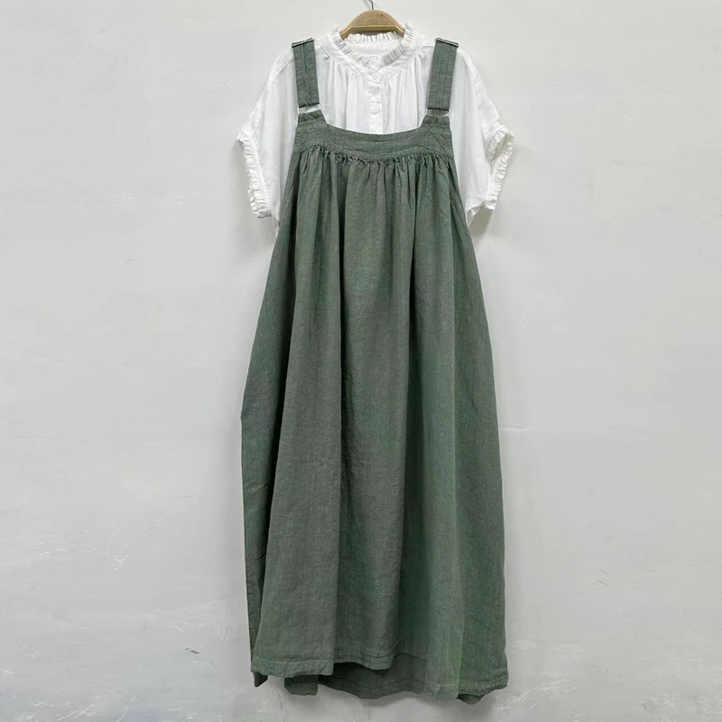 Johnature Japanese Linen Slip Dress For Women 2024 Summer New Linen Loose Versatile Vest Pockets Casual Women Dresses