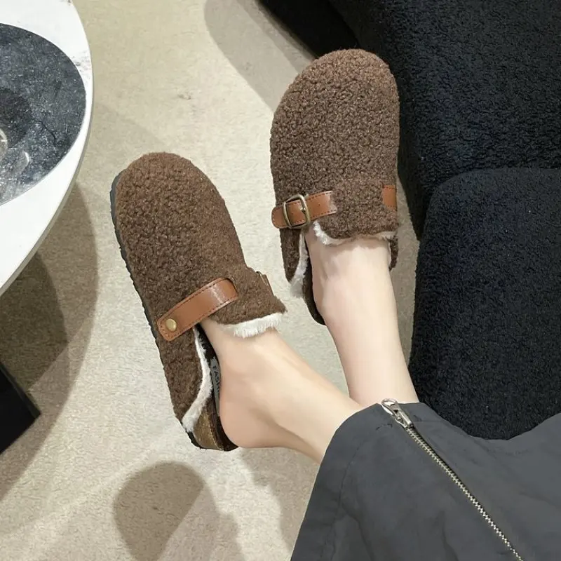 2024 Lambswool Mules Women Belt Buckle Slippers Winter Clogs Shoes Woman Platfoem Cover Toe Plush Fur Slides Outdoor Fuzzy Shoes