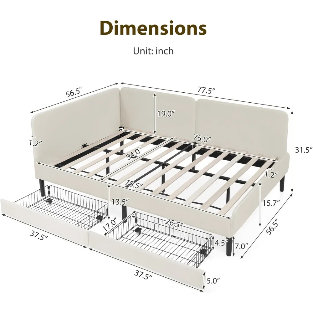 إطار سرير زاوية كامل الحجم على شكل حرف L مع درجين للتخزين، سرير نهاري منجد مخملي مع لوح رأسي ناعم لزجاج غرفة النوم #2