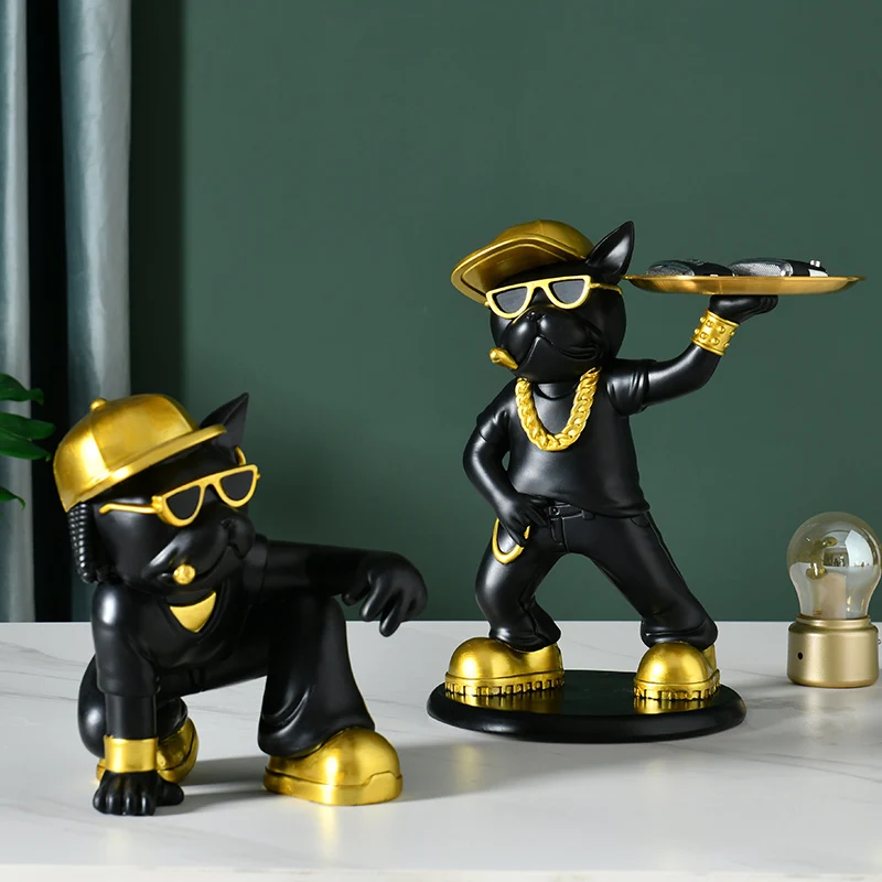 北欧家の装飾ヒップホップフレンチブルドッグ像トレイ収納デスクトップ装飾クールな犬の置物動物彫刻インテリア装飾品