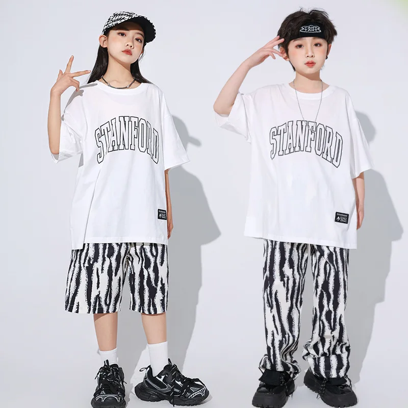 Kid Cool Hip Hop Clothing Graphic Tee T Shirt Striped Print Casual Summer Shorts Pants for Girl Boy Jazz Dance Costume Clothes