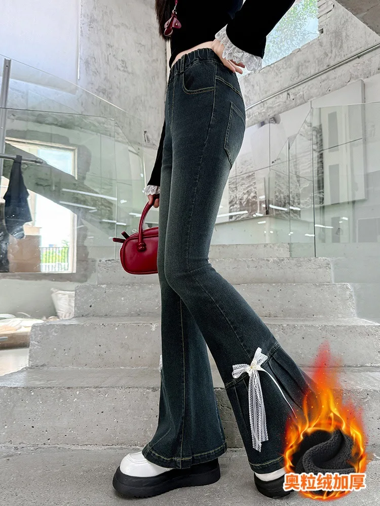 

Girls' Denim Flare Pants, Denim Pants with Pleated Cuffs, Big Kids Bow Denim Pants, Suitable for Ages 7-14