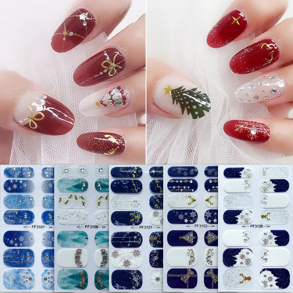 14Tips 3D Foil Nail Decal Christmas Nail Sticker DIY Manicure Full Nail Wraps Full Cover Self-adhesive Nail Art Decorations