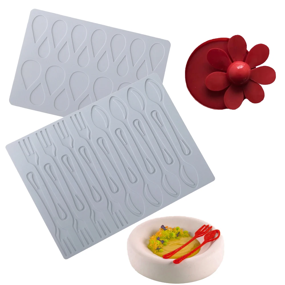 Cuchara, tenedor, diseño de pétalos de flores, almohadilla de silicona para artesanía de azúcar, estera de encaje, herramientas de decoración de patatas fritas de Chocolate, molde de Fondant de cocina