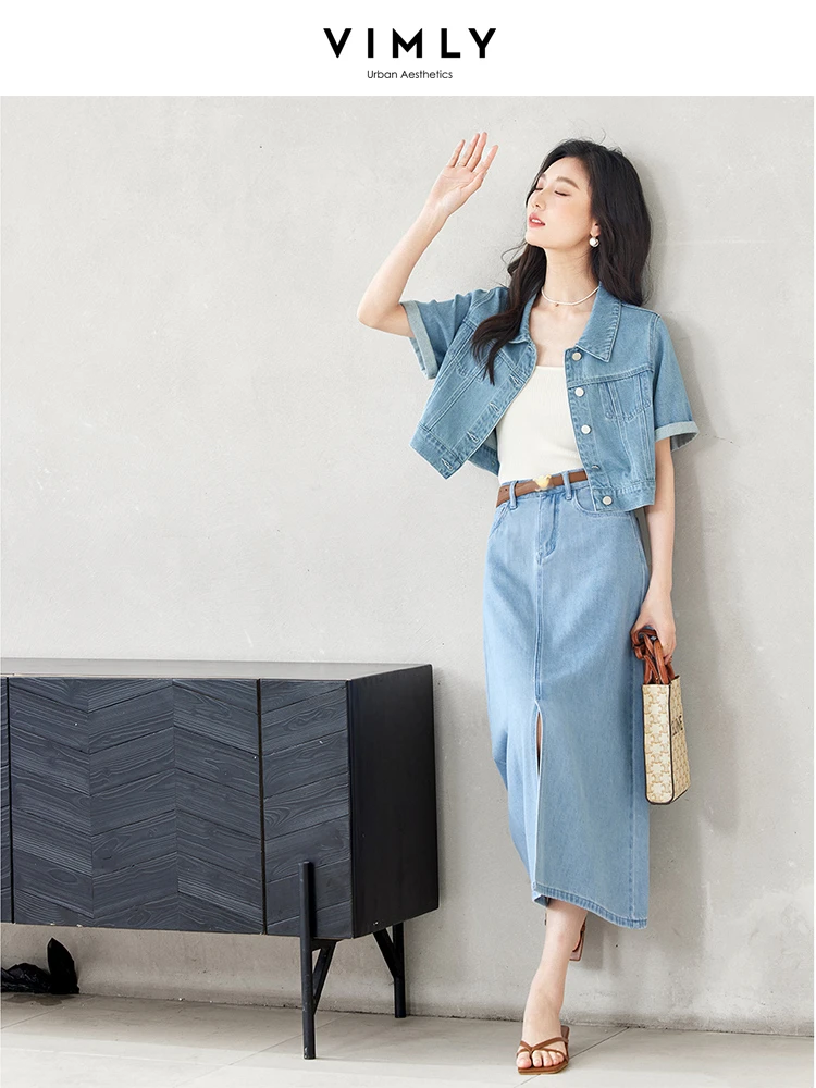 VIMLY Women\'s Washed Vintage Casual Denim Skirt Set Summer Short Cardigan Lapel Jacket + Slit A-Line Skirt Workwear 2pcs Set