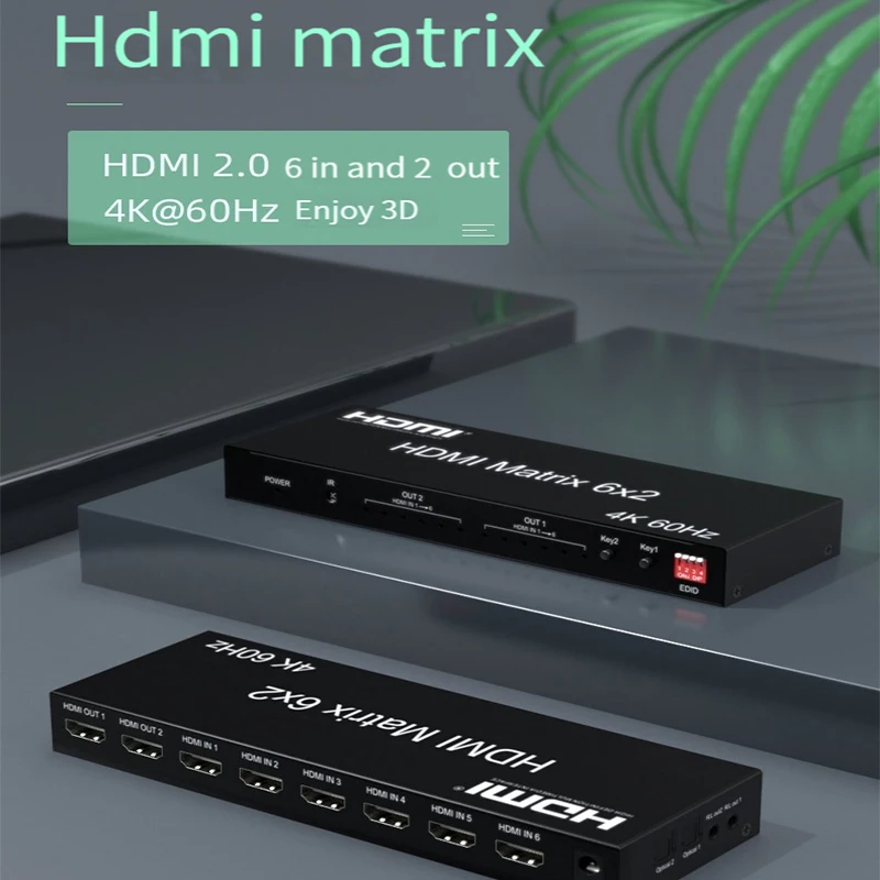 Matrix schalter HDMI 6x2 4k 60Hz HDMI Matrix 6 in 2 Out Video Switcher Splitter mit optischem R/L Audio Extraktor für PC-Monitor