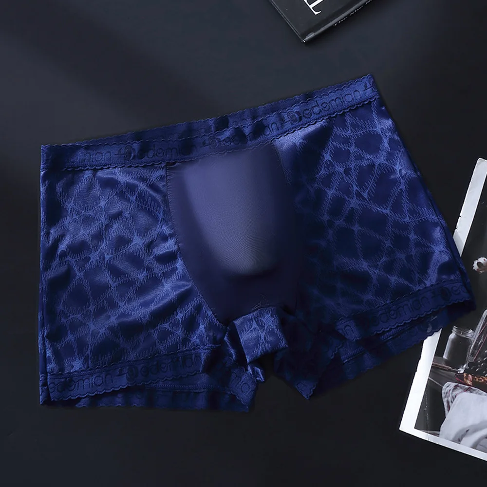 Men's Seamless Boxer Shorts Soft Sleep Unisex Panties Ice Silk Bulge Pouch Lace Trim Ventilate Men's Underpants Plus Size