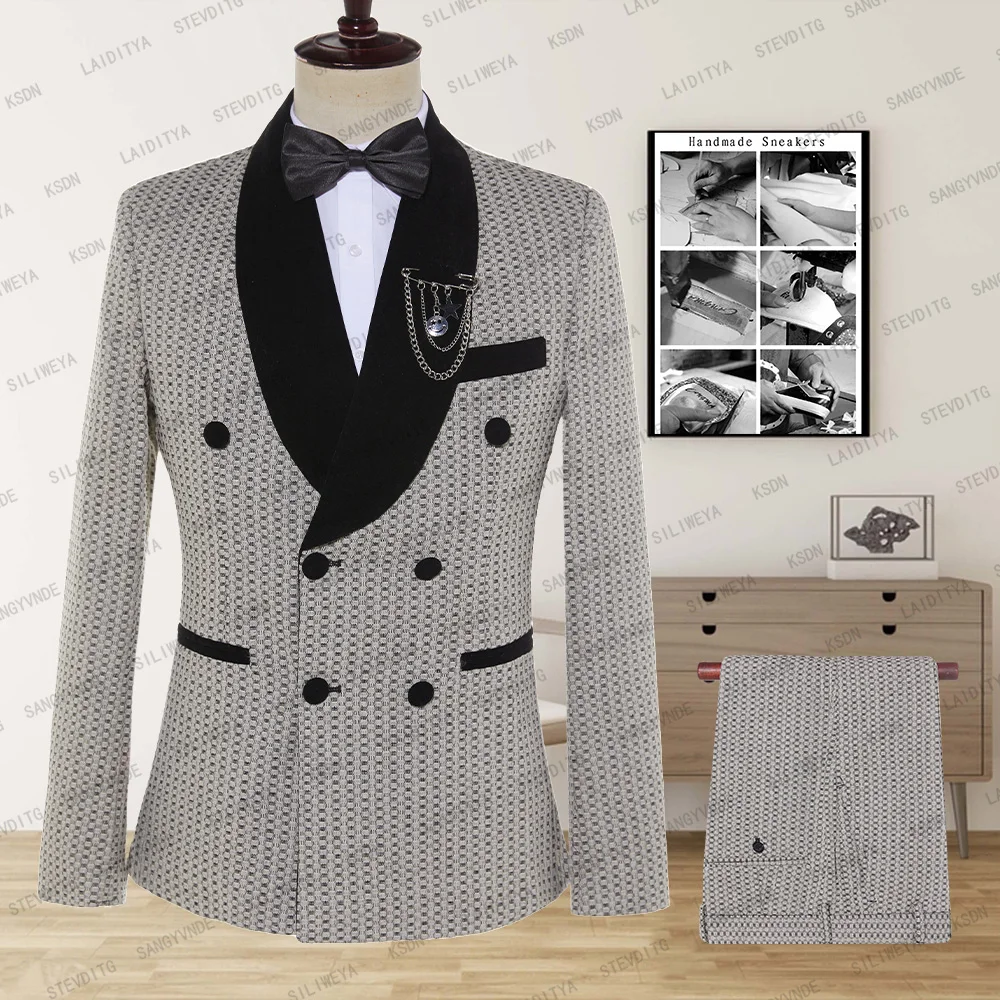 

2023 New Tailor Khaki Linen Dots Mens Suit Groom Tuxedos Groomsmen Wedding Blazer Suits For Men Stylish 2 pieces (Jacket+Pants)