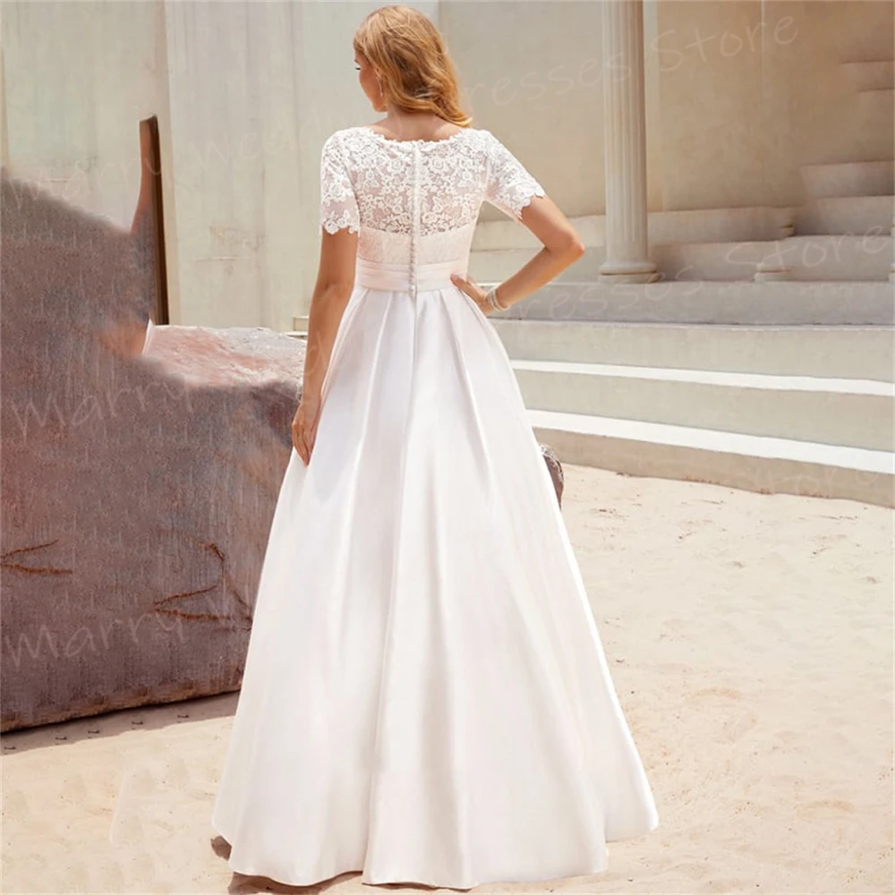 Robe de mariée classique à manches courtes pour femmes, belle robe de mariée A-ligne, dentelle charmante, appliques de mariée, tout simple et moderne