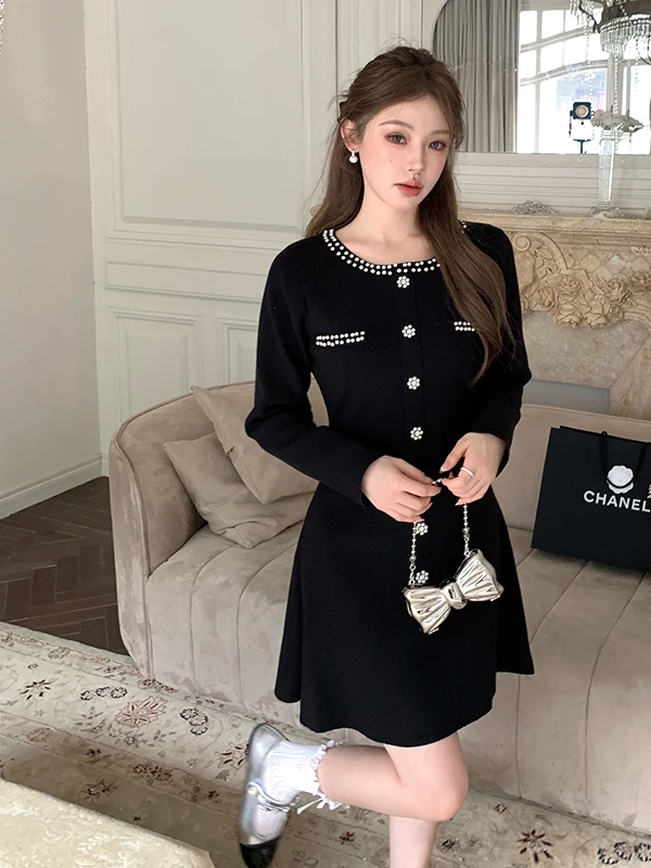 

Ele Вязаный свитер высокого качества с тяжелыми бусинами Little Bla Dr Базовый слой Year-End Par Dr Полиэфирное волокно Thiened