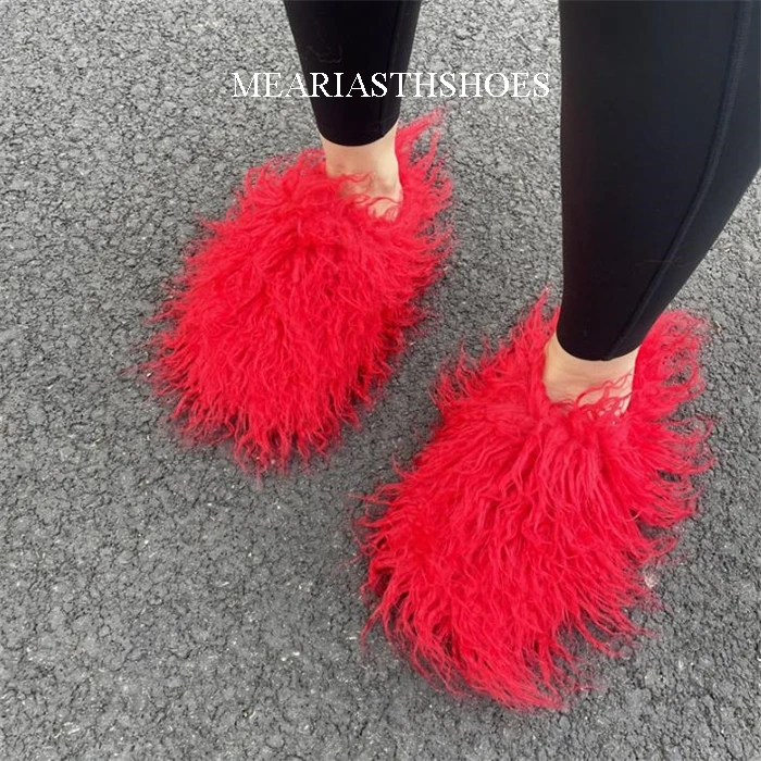 

Women's Autumn Winter Mongolian fur Slippers Plus Size Woman Luxury Furry Faux Fur Slippers Plush Warm Home Cotton Fur Slides