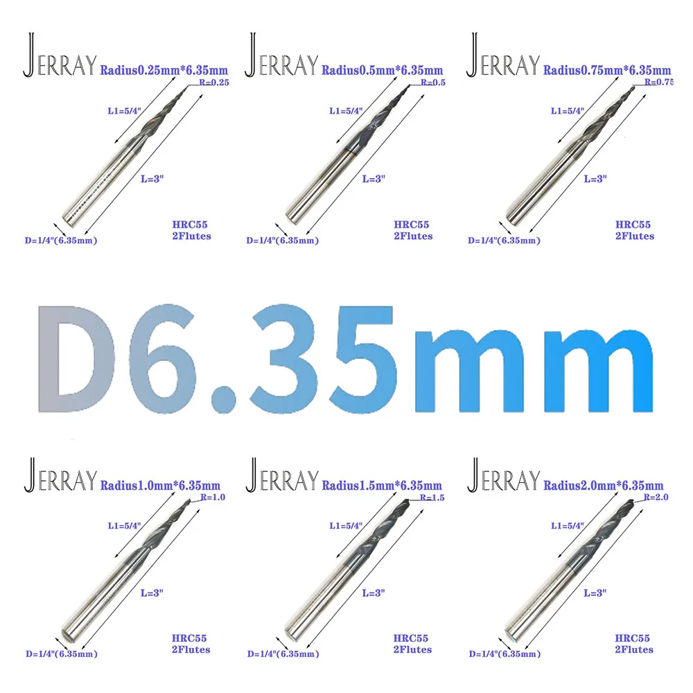 JERRAY 텅스텐 솔리드 카바이드 테이퍼 볼 노즈 엔드 밀 라우터 비트, CNC 엔드 밀링 커터, D6.35 mm HRC55 코팅, 2 플루트