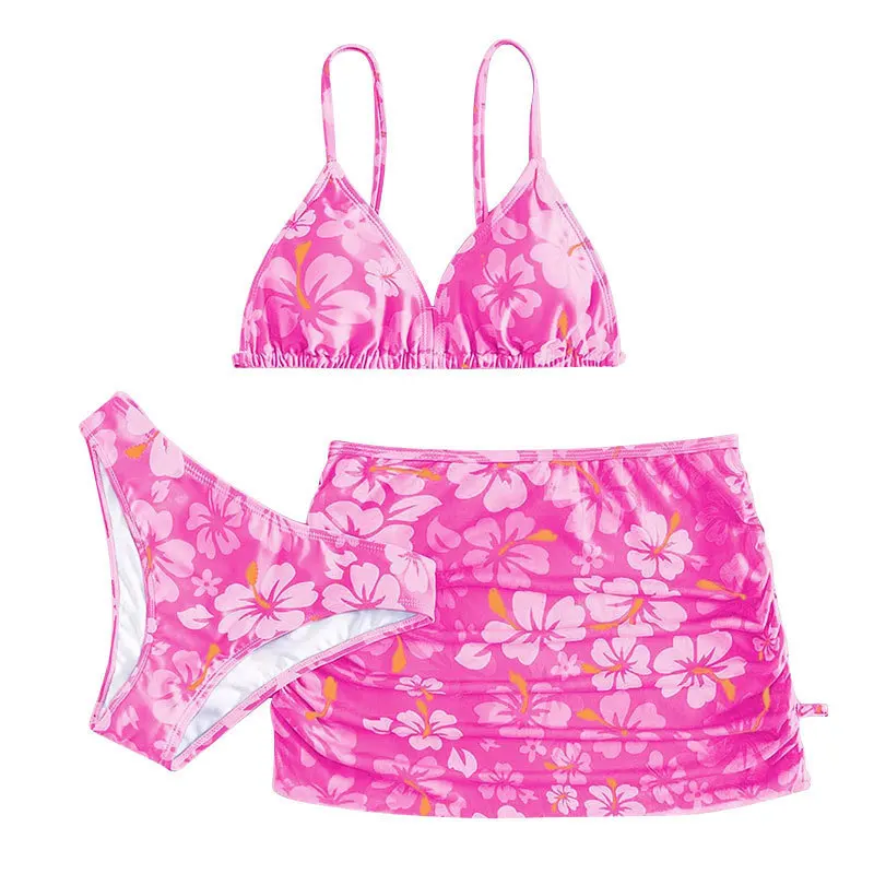 Traje de baño de tres piezas con flor de cerezo, conjunto de Bikini para niña, traje de baño para mujer