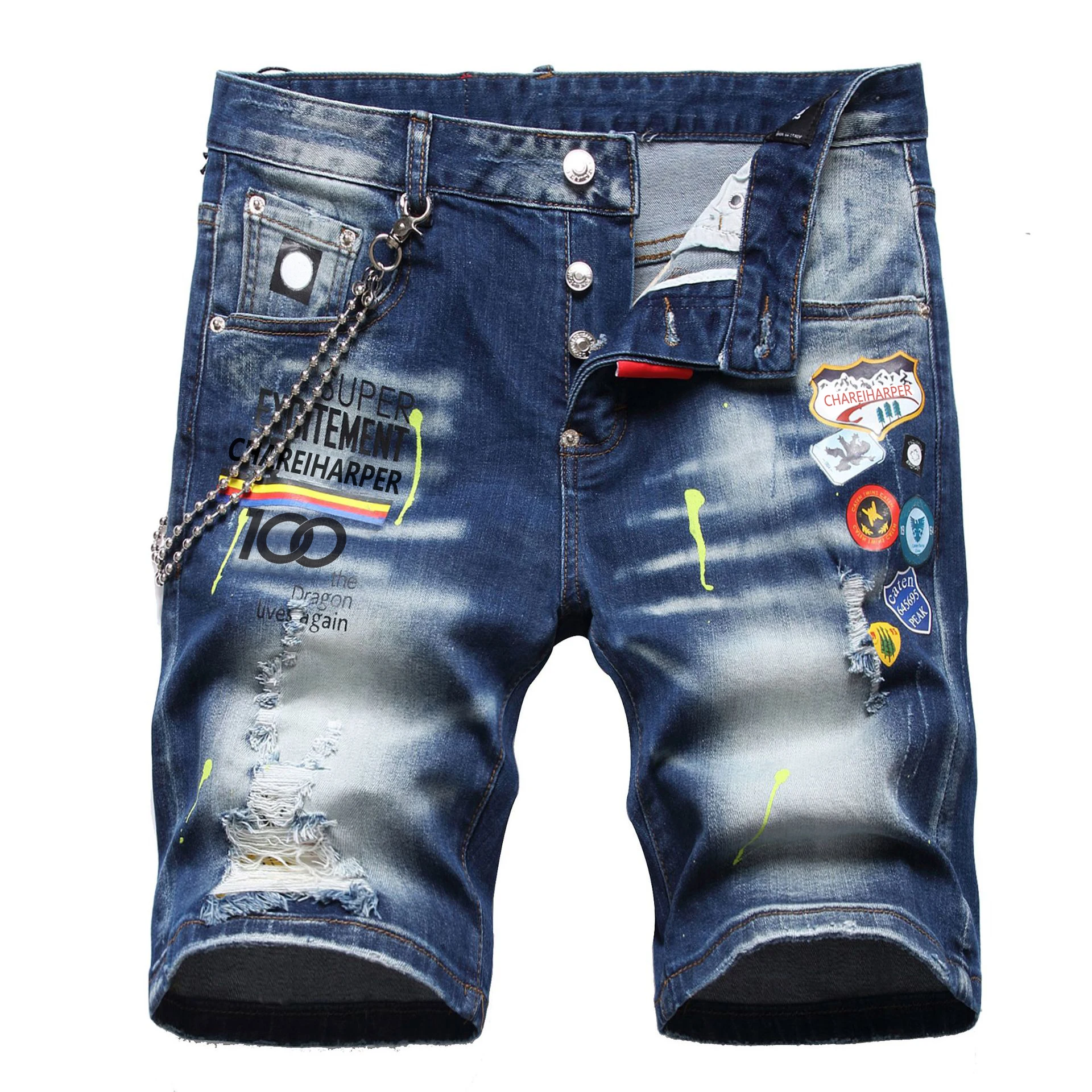 chareiharper 1123 plus size Ripped and painted denim shorts men thin wear fashionable five quarter pants fashion hot picture s