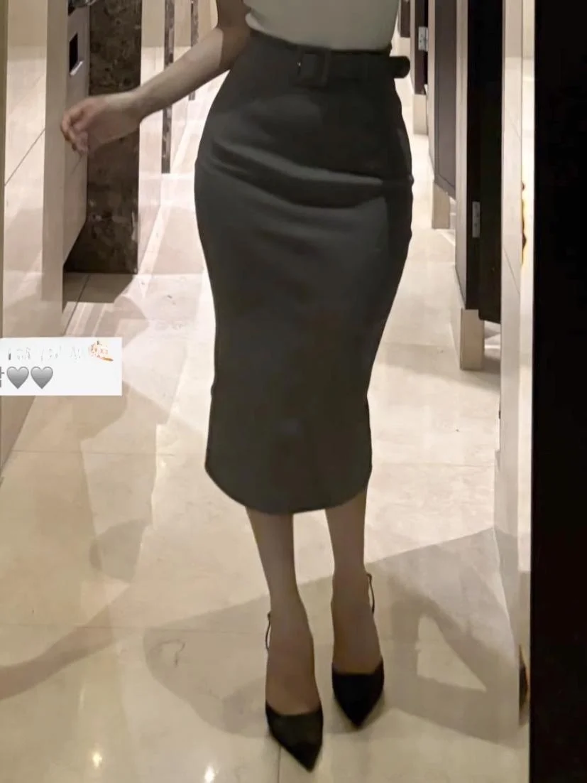 슬리밍 중간 길이 랩 스커트 한국 드라마 주인공 스타일 통근 벨트 하이 웨이스트 H 모양 퓨어 컬러 스커트