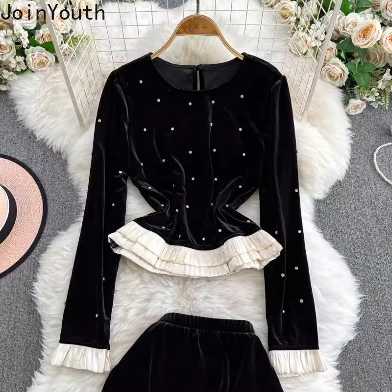 2 Piece Sets Womens Outfits Temperament Vintage Clothing Diamond Tunic Crop Blouses High Waist Bodycon Skirt Suit Velvet Set