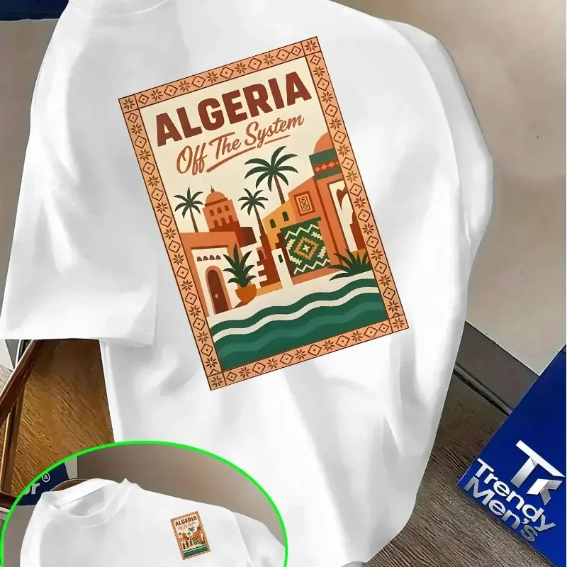 Camiseta de algodón 100% para hombre, diseño algerino rosa, texto llamativo de Argelia y paisaje urbano desértico, ligera para verano