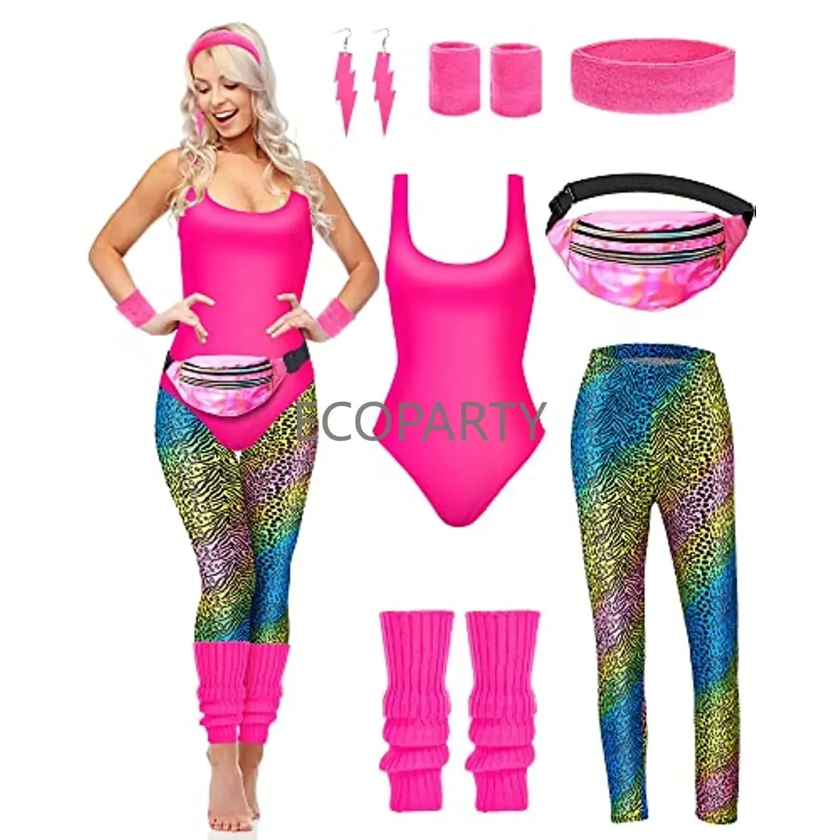 

7 Pcs 80s Fancy Workout Costume 80s Accessories Set 80s 90s Leotard Legging Headband Wristbands Leg Warmers Earrings Fanny Pack