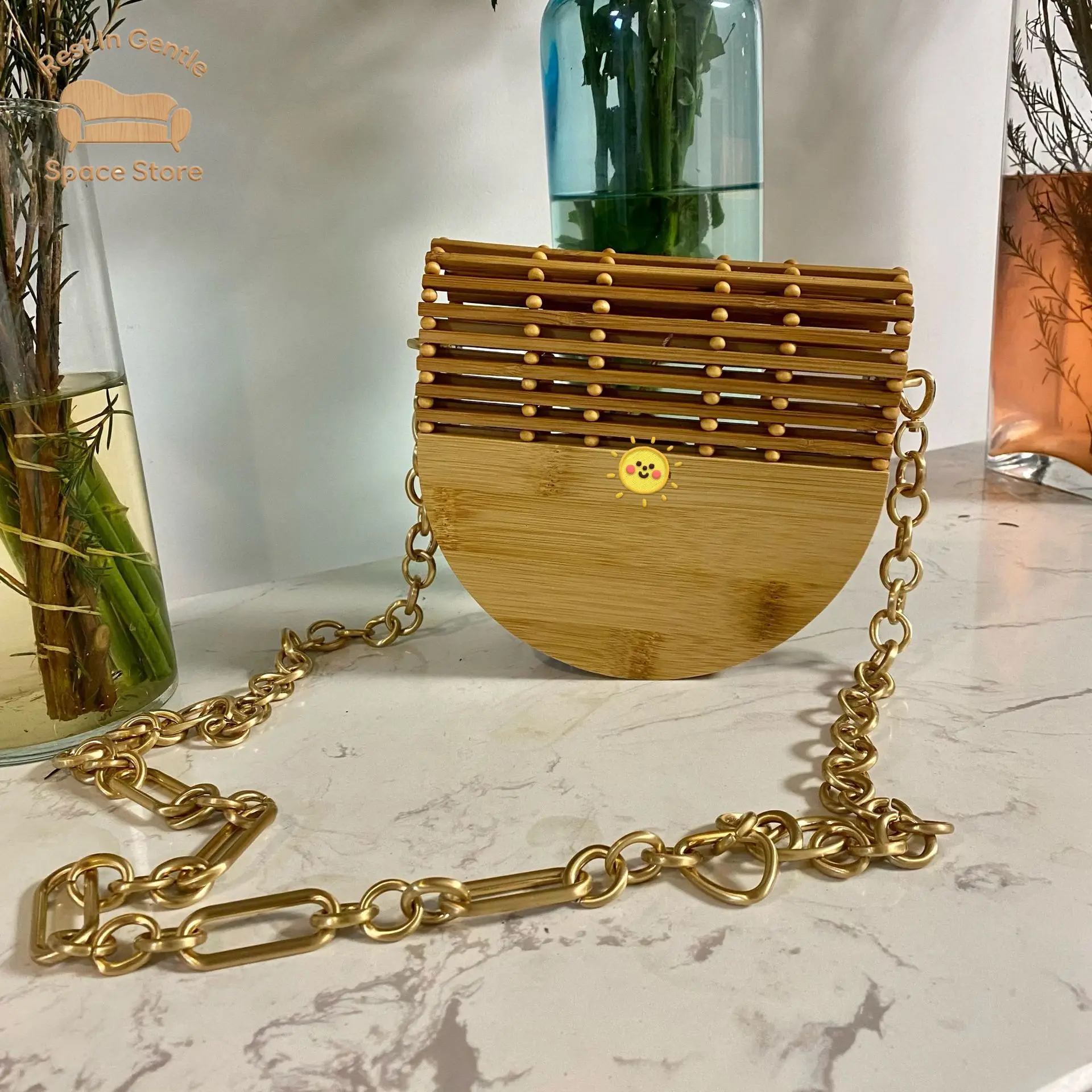 Semi-round flip bag, hand-woven crossbody shoulder bag, diagonal span bag, bamboo woven new fashion hollow women's bag