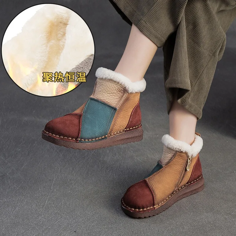 

Birkuir Retro Mixed Colors Snow Boots Women Zippers Short Boots Plush Inner Flat Heel Shoes Genuine Leather Luxury Ankle Boots