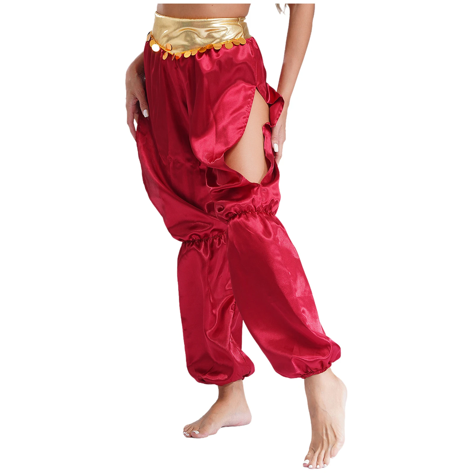 Women Belly Dance Bloomers Costume Arabian Princess Cosplay Outfits Metallic Ruched Waistband Gold Circles Side Split Pants