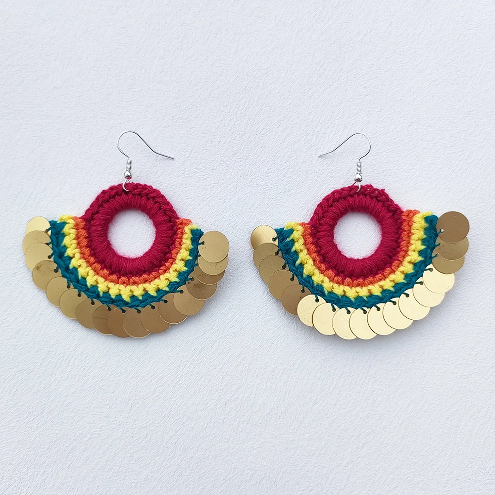 2024 Original Woman\'s Crochet Rainbow Sector Earrings With Sequins New Fashion Boho Dangle Drop Earrings