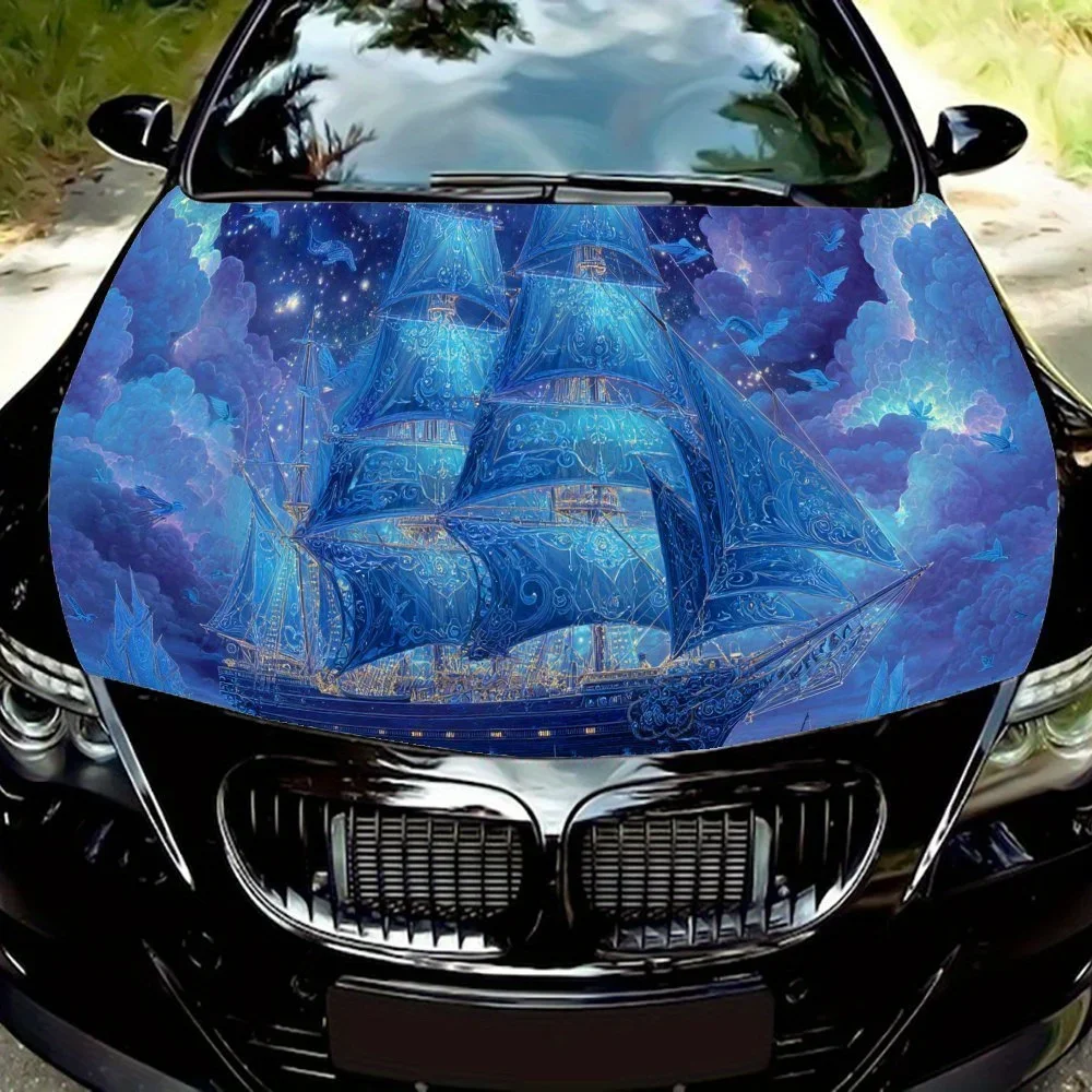 Sailboat in Purple Sky PVC Car Vinyl Wraps, Self-Adhesive Waterproof Car Hood Decal Sticker, Car Decoration Protection Stickers
