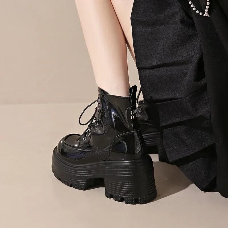9CM Autumn Fashion Thick soled shoes for Women Winter 2024 Warm Versatile Height increasing Ankle Boots High top Leather shoes image 3