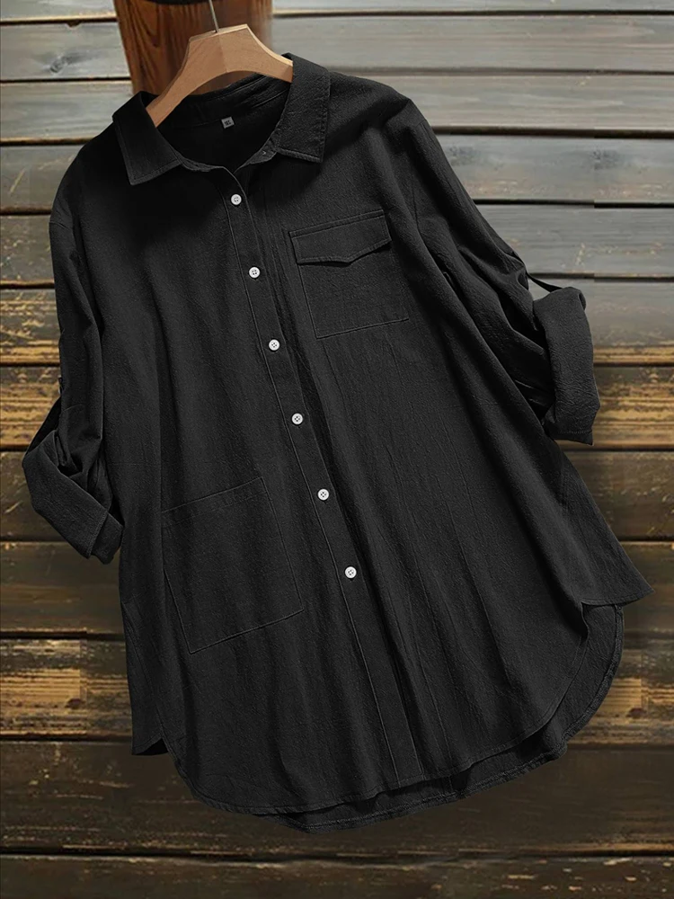 

New Simple Solid Single-Breasted Pocket Long-Sleeve Shirt Cardigan Daily Comfortable Commuting Female Clothing Black Blouse Tops