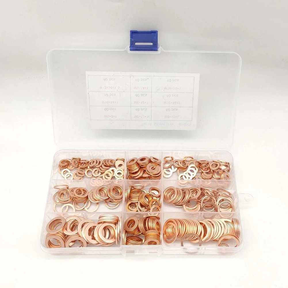 400Pcs Copper Gaskets M5-M14 Crush Washers Oil Seal Flat Sealing Washer Assortment Kit For Engine Hydraulic Line Joint Hardware