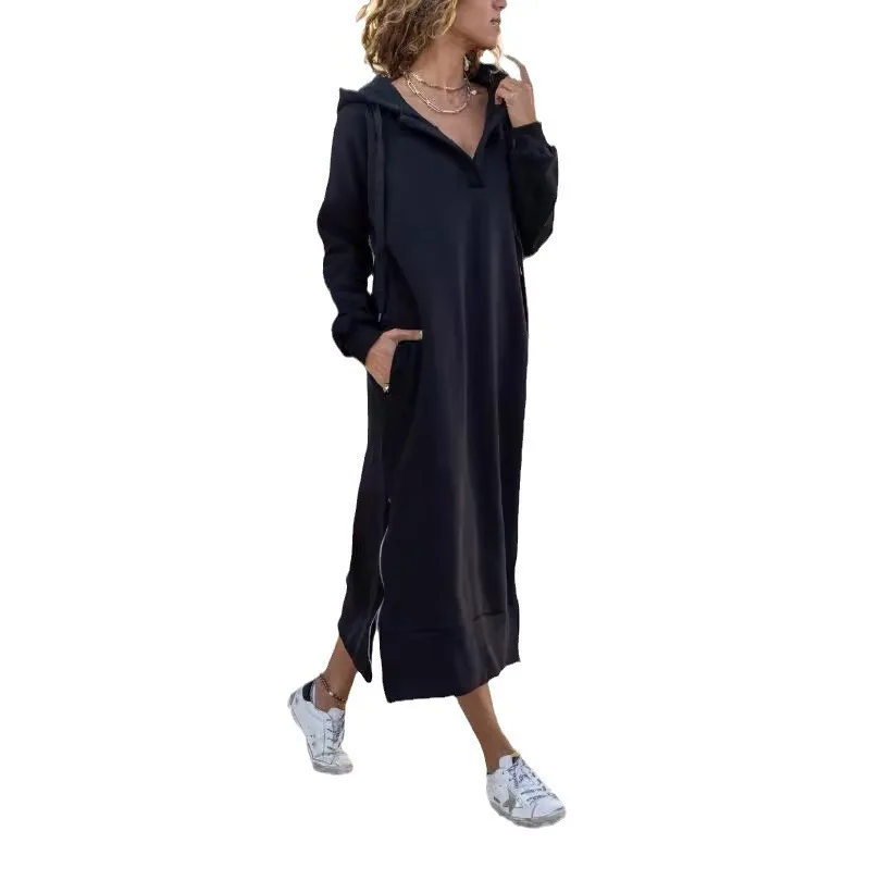 2025 Women Hoodies Dresses Long Sleeve Hooded Knitted Sweatshirts Dress Solid High Street Loose Vestidos Draw String Autumn
