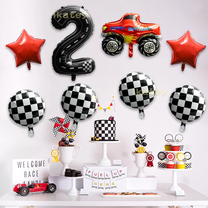 8Pcs Monster Truck Balloons Kit for Kids 2nd Birthday Checkered Star Foil Balloons Number 2 Two Fast Party Decorations Race Fans