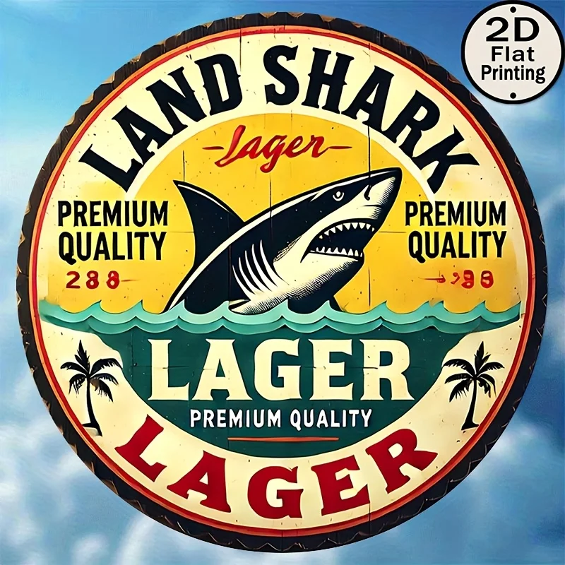 [2D Flat] 1 Stück Vintage 8x8 rundes Metallwand-Blechschild – Land Shark Bier-Logo, hochwertige dekorative Eisenkunst-Malerei, rustikales Ki