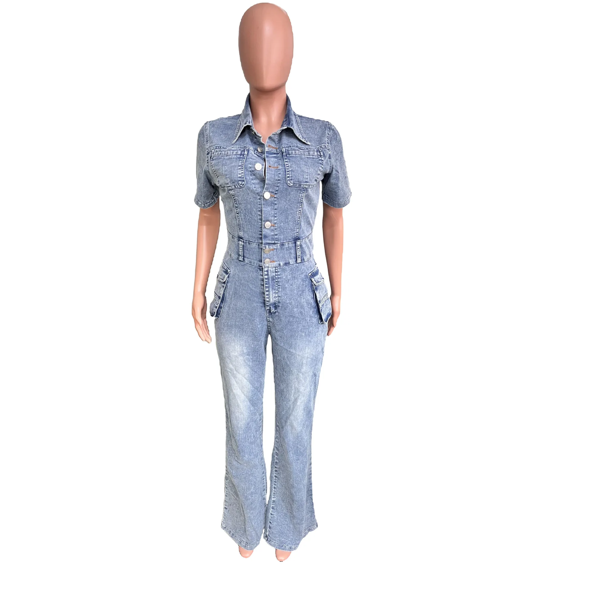 Women Jumpsuit Fashion Pocket Short Sleeve Tight Waist Denim Jumpsuits Lady Slim Fit Stretch Washed Flare Leg Jeans Jumpsuits