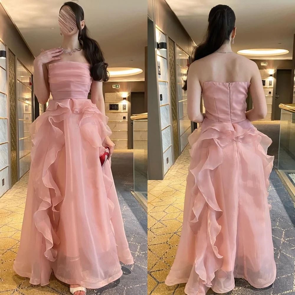 

Customized Modern Style Fashion Organza Ruched Pleat A-line Strapless Long Dresses Bespoke Occasion Dresses Matching Classic