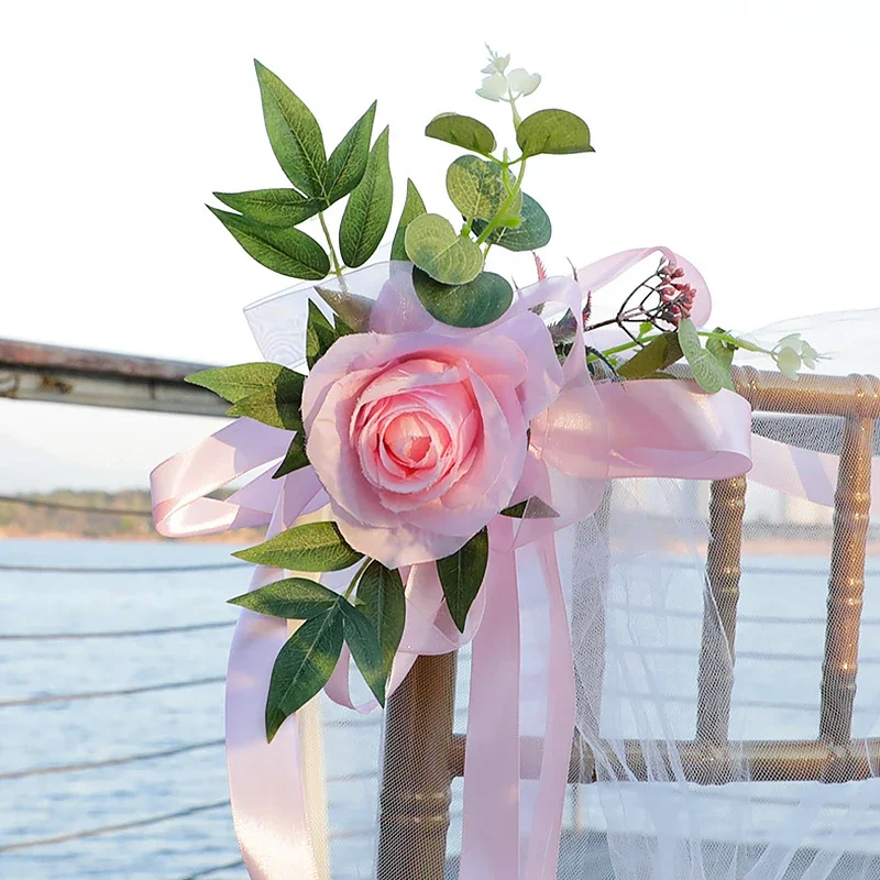 

Wedding Arrangement Chair Back Flower Artificial Rose Flowers Sashes Outdoor Party Bouquet Chair Decoration 6pcs