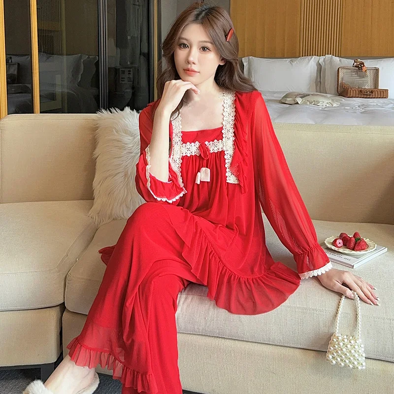 

Sexy Women's Pajama Set Kawaii Anime Fashion Leisure Lace Sweet Loose Princess Style Mesh Pajama Set for Home Wear New Style