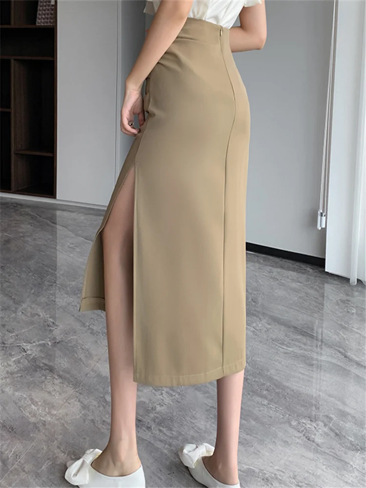 High Waist Side Split Women\'s Office Wrap Skirts 2023 New Spring Summer Korean Solid Pleated Straight Midi Black Skirts Ladies