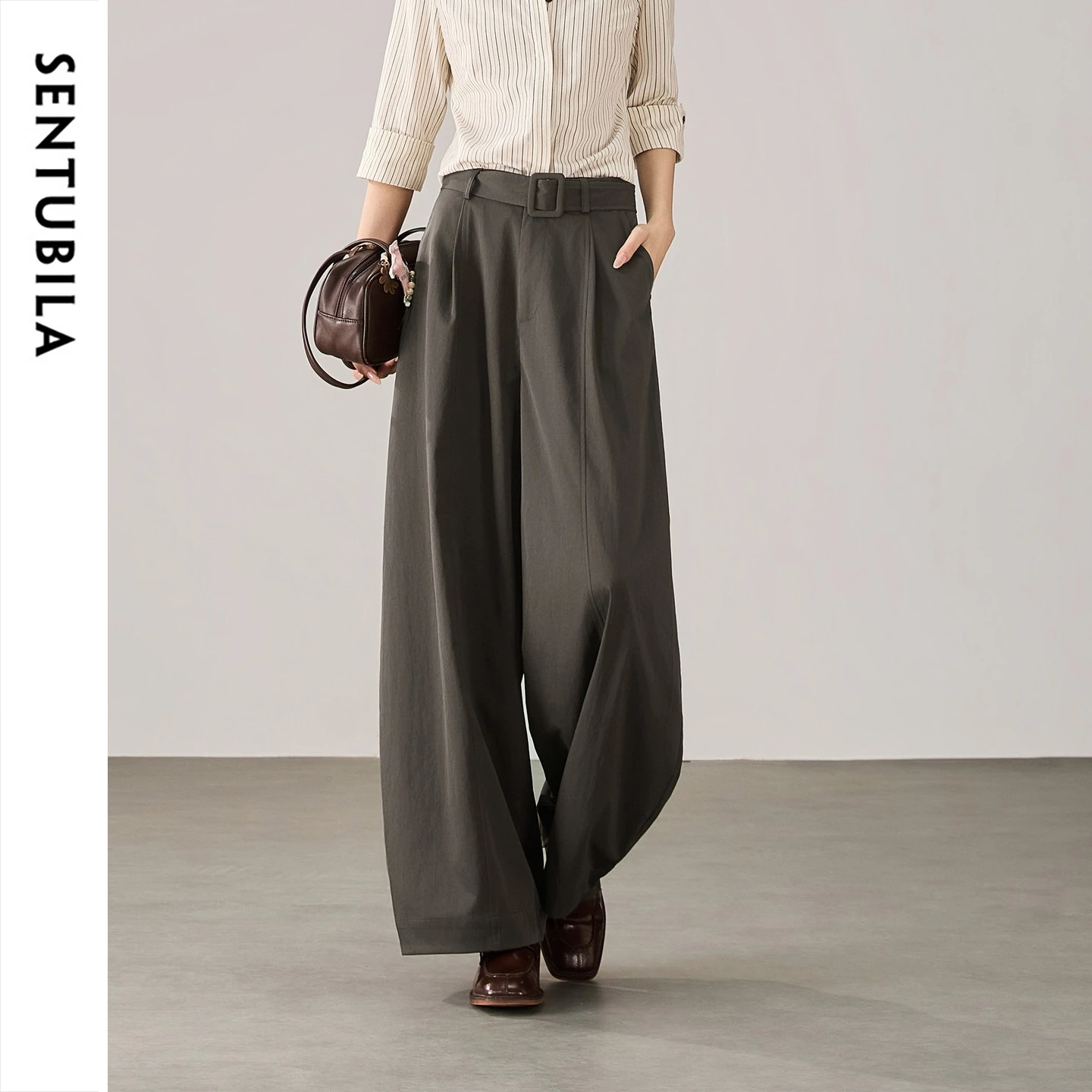 SENTUBILA Women Autumn Wide‑Leg Pants 2026 New Slouchy Loose Commuter Office Wear Long Trousers with Detachable Belt W63KA8330